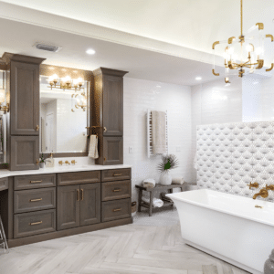 Luxury bathroom design with brown cabinets and large lighting!
