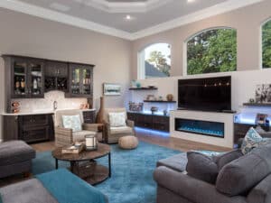Open living room space with blue accents.